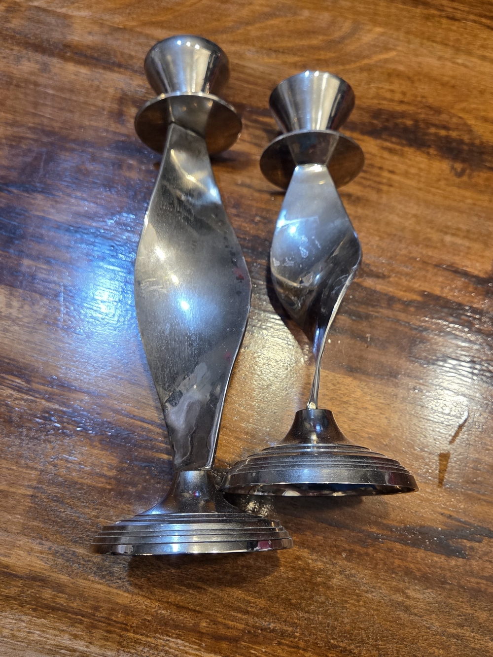 White Metal Candle Holder Set Chrome Finish Measures 12” and 6"  Tall MCM Vtg